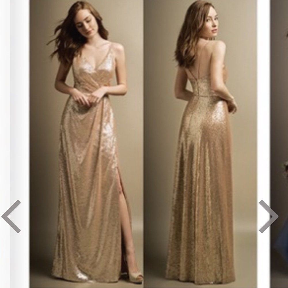 Belsoie gown size 6 gold sequin spaghetti strap open back side slit dress XS S